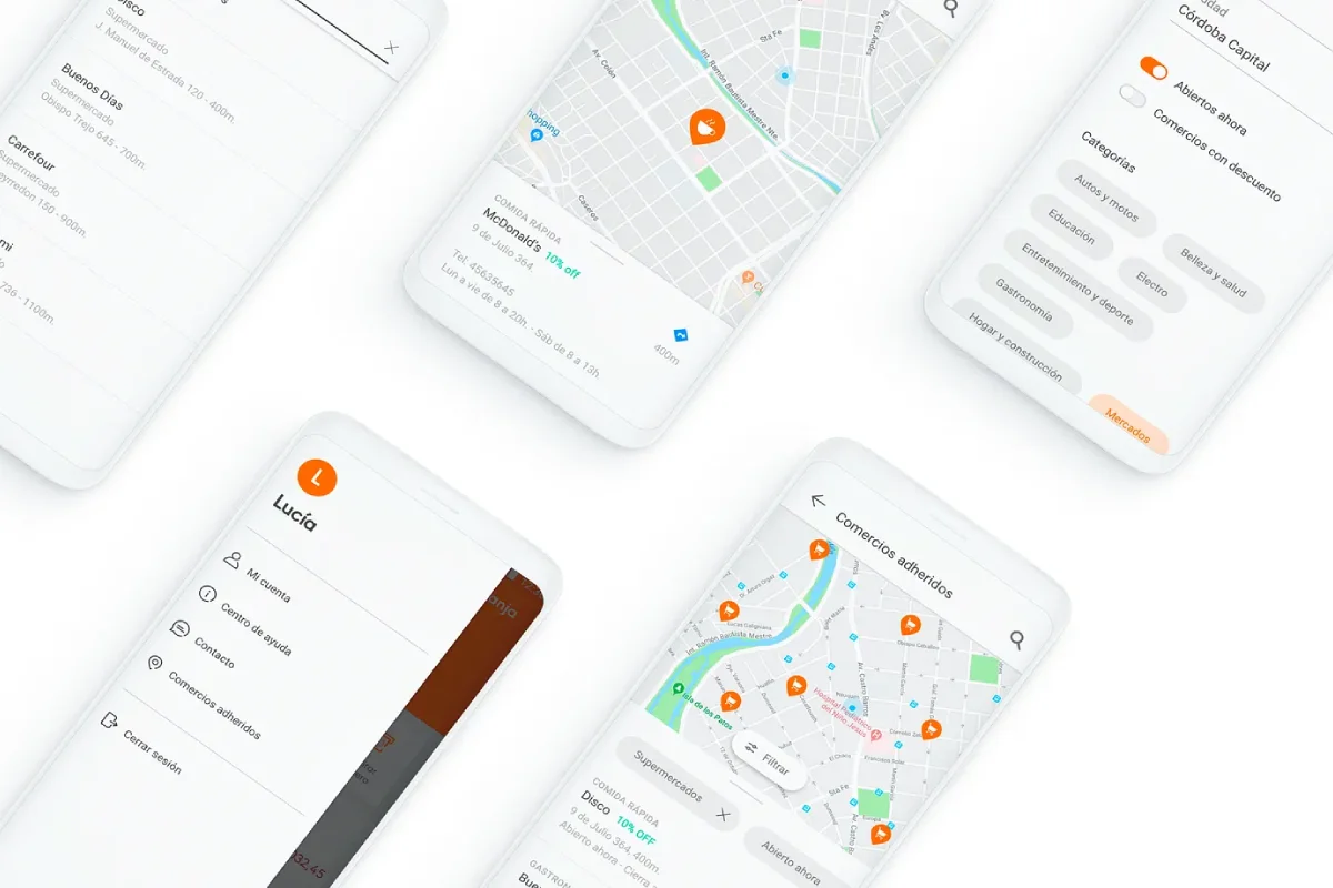 Composición de pantallas móviles de Naranja Cuenta con mapas, ubicaciones y filtros de búsqueda.